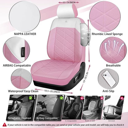 CAR PASS Memory Foam Leather Seat Covers Full Set, Breathable Luxury Perforated Nappa Leather Seat Covers Universal Fit for Car,SUV,Truck Seat Covers Thick 3D Foam Comfort,Airbag Compatible Pink White