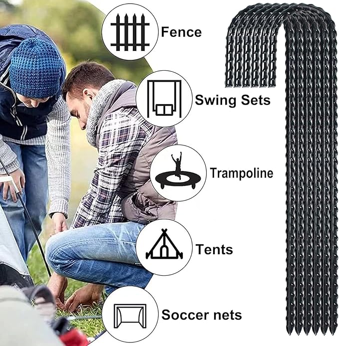 12 Inch Rebar Stakes Heavy Duty J Hook, Coated Steel Ground Stakes Tent Stakes Ground Anchors for Chain Link Fence Stakes and Trampoline Stakes (24)
