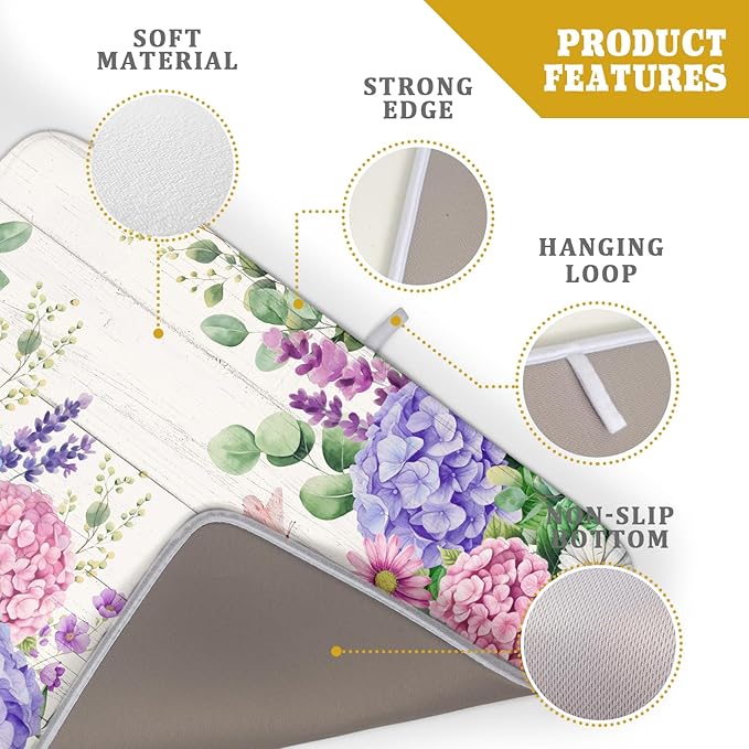 Hydrangea Floral Dish Drying Mat 18x24 inch Spring Summer Decorative Fast Dry