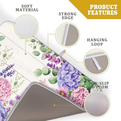 Hydrangea Floral Dish Drying Mat 18x24 inch Spring Summer Decorative Fast Dry