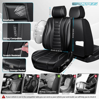 CAR PASS Nappa Leather Seat Covers 2, Waterproof Universal FIT Piping Leather Car seat Covers Front Seats, 3D Foam Front Seat Cover for Cars,SUV,Trucks Airbag Compatible Luxury&Comfort&Durable Black