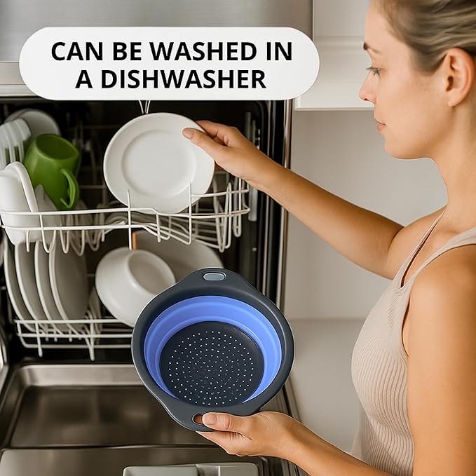 Blue Round Silicone Collapsible Colander – Silicone Round Kitchen Strainers