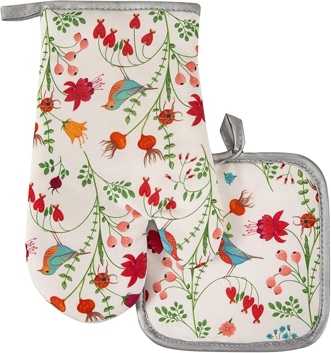 Kitchen Oven Mitts and Pot Holders Sets, Flower Bird Print Oven Gloves and