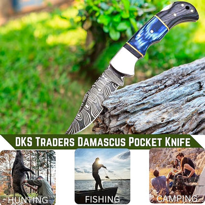 Handmade Damascus Pocket Knife for Men - 6.5 Inches Damascus Folding Pocket Knife with Clip Belt Holster Sheath - Pocket Knives & Folding Knives with Back Lock - EDC Knife Pocket.(Blue with Clip)