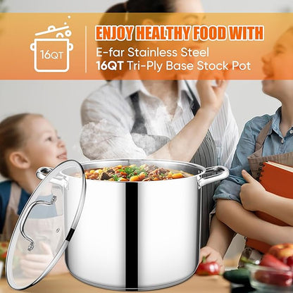 E-far 16 Quart Stainless Steel Stock Pot, Large Heavy Duty Induction Stockpot