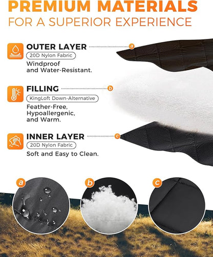 KingCamp Ultralight Camping Blanket, Packable Down Alternative Puffy Wearable Blankets Weatherproof Warm Package Quilt with Snap Buttons for Outdoor Hiking Travel Picnic Stadium (79" x 57", BLACK)