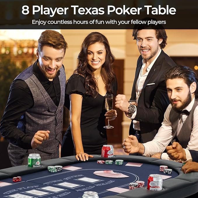 Goplus 72” Poker Table Foldable, 8 Players Card Board Game Table w/Deep Metal Cup Holders, Casino Grade Felt, Portable Folding Oval Blackjack Table for Texas Holdem, No Assembly Required (Blue)