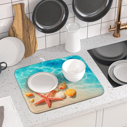 Giwawa Coastal Starfish Dish Drying Mat 16"x18" Ocean Blue Sea Coral Seashell