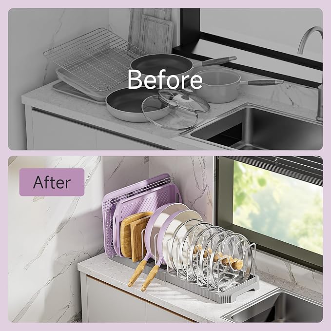 MUDEELA Pot Lid Organizer Rack for Cabinet, Expandable Pots and Pans Organizer