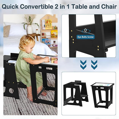 4 in 1 Kitchen Step Stool Helper for Toddlers, Toddler Learning Standing Tower with Whiteboard 2 in 1 Convertible Table and Chair, Widened Platforms for Little Ones Kitchen Counter Bathroom Sink