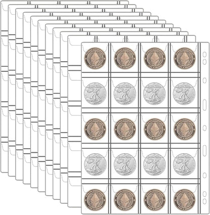 12 Sheets Coin Collection Pages, Coins Pocket Page with 240 Pockets, Coin Binder Inserts Sleeves with Standard 9 Hole for Coin Album. Storage Holder for Currency, Stamp and Other Supplies (20 Pockets)