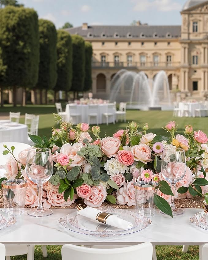 Nervure 350PCS Rose Gold Plastic Plates - Rose Gold Plastic Dinnerware Sets for 50 Guests - 100 Disposable Plates, 150 Silverware, 50 Cups, 50 Napkins for Wedding & Party