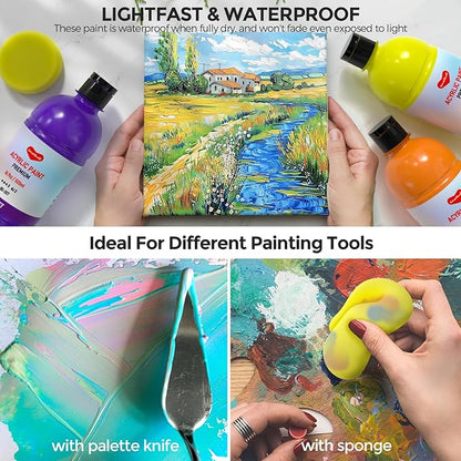 25 Colors Large Acrylic Paint Set (16.9 oz,500 ml), Bulk Acrylic Paint Non-Toxic Art Painting Supplies on Multi Surface Pumpkin Canvas Wood Craft Fabric Rock for Artist Kids with Color Wheel