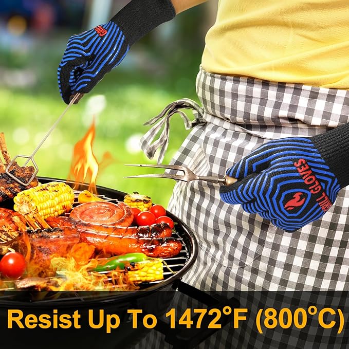 QUWIN BBQ Gloves, Oven Gloves 1472℉ Extreme Heat Resistant, Grilling Gloves