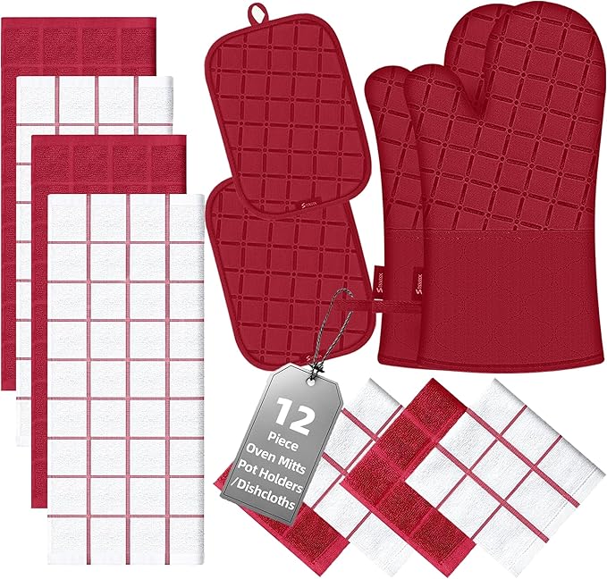 Oven Mitts Kitchen Towels and Dishcloths Pot Holders Sets, Oven Gloves Kitchen