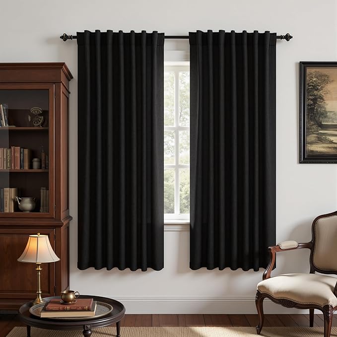 KOUFALL 72 Inch Black Curtains for Bedroom, Linen Thermal Blackout Back Tab