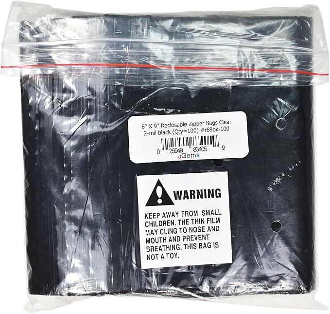 uGems 6" x 9" Black Resealable Zip Lock Bags -100 Pack of Opaque Plastic Storage Bags for Privacy, Light Protection, and Food Storage Ideal for Crafts, Tools, Office Supplies SKU r69bk-100