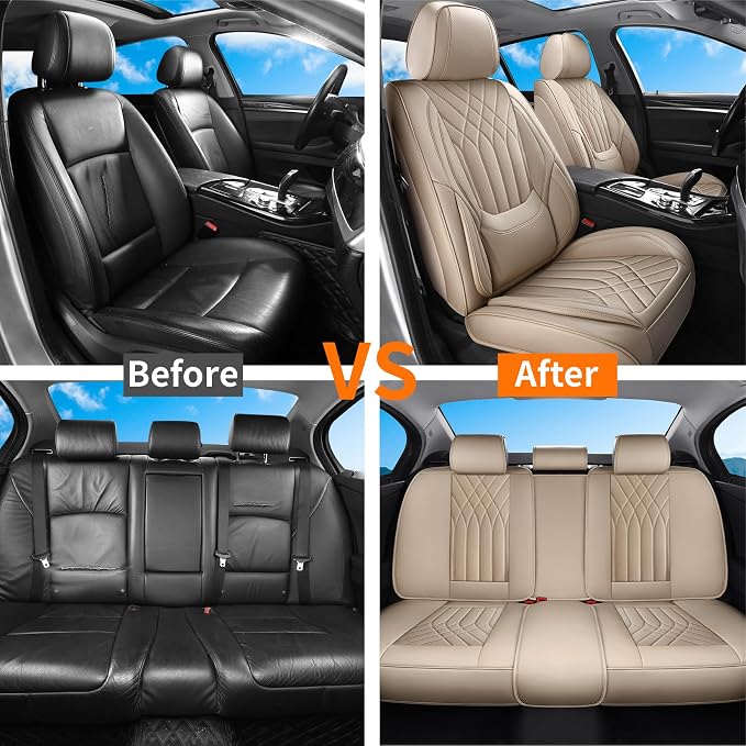 Car Seat Covers Full Set, Nappa Leather Seat Covers for Cars, Beige Car Seat Protector Waterproof, Car Seat Covers Front Seats and Back Fit for Most Cars SUVs Trucks