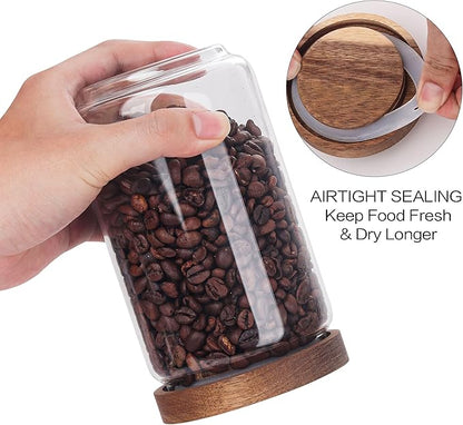Set of 6 Glass Pantry Storage Jars with Wood Airtight Lid - 23oz Thicken Glass Kitchen Canisters with Reuse Labels&Pen - Glass Food Storage Containers with Wood Lid for Tea,Sugar,Cookie,Coffee