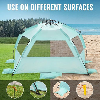 WhiteFang Deluxe Pop Up Beach Tent Sun Shade Shelter for 3-4/5-6 Person, UV Protection, Extendable Floor with 3 Ventilating Windows Plus Carrying Bag, Stakes, and Guy Lines