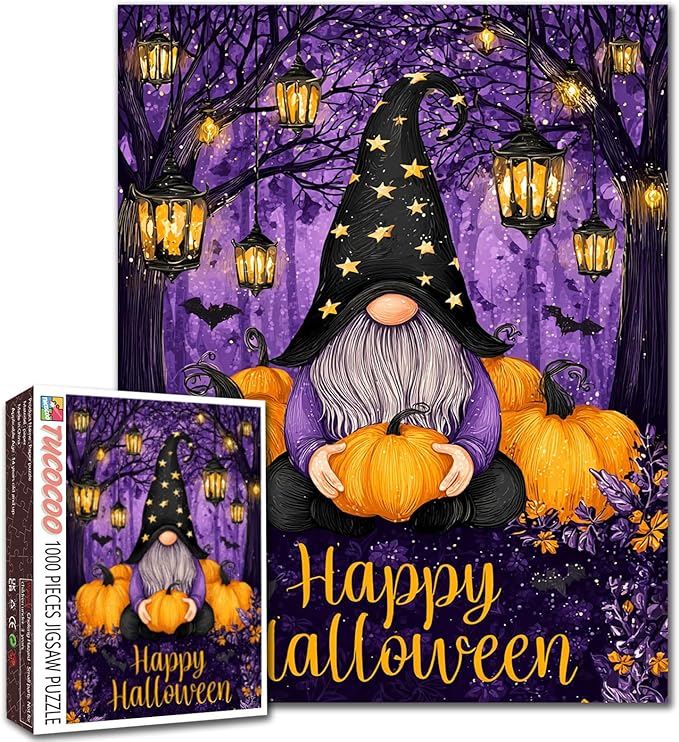 Cute Gnome Puzzle for Adults 1000 Pieces Halloween Pumpkin in Purple Forest Lantern Jigsaw Puzzle Fall Aesthetic Fun Gift for Women Men Teens Relaxing Halloween Challenging Puzzles Games Night