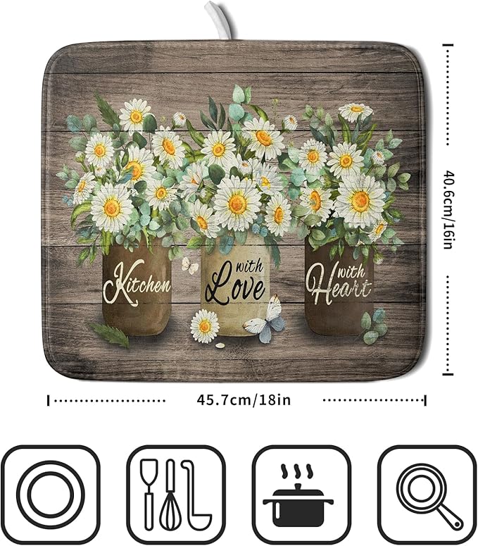 Flower Vase Dish Drying Mats 16x18 Inch Rustic Wood Reversible Microfiber