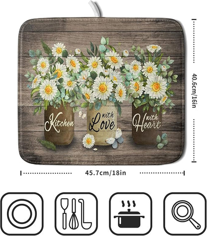 Flower Vase Dish Drying Mats 16x18 Inch Rustic Wood Reversible Microfiber