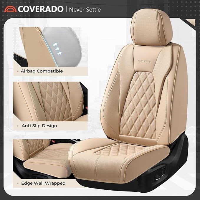 Coverado Front Seat Covers, Luxury Faux Leather Seat Covers for Cars, Beige Car Seat Covers, Car Seat Protector Waterproof, Automotive Interior Accessories Universal Fit for Most Cars Truck SUV Sedan