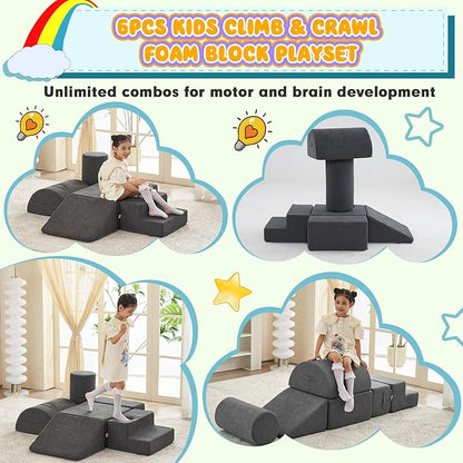 jela Kids Foam Climbing Blocks 6Pcs Soft Play Equipment, Toddler Climbing Toys Indoor Soft Play Climbing Set, Lightweight Climbing Blocks for Babies, Crawling Foam Playset (Miss Fabric Darkgrey)