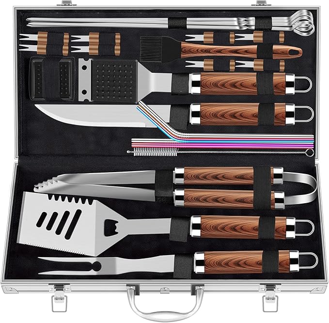 ROMANTICIST 25pcs Extra Thick BBQ Grill Accessories, Fathers Day Grilling Gifts Set for Men Dad, Heavy Duty Grill Tools Utensils Kit with Spatula, Tongs in Aluminum Case for Birthday Brown