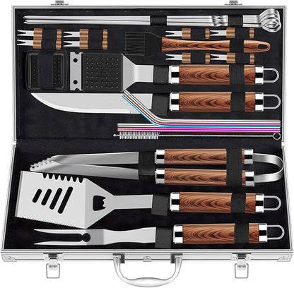 ROMANTICIST 25pcs Extra Thick BBQ Grill Accessories, Fathers Day Grilling Gifts Set for Men Dad, Heavy Duty Grill Tools Utensils Kit with Spatula, Tongs in Aluminum Case for Birthday Brown