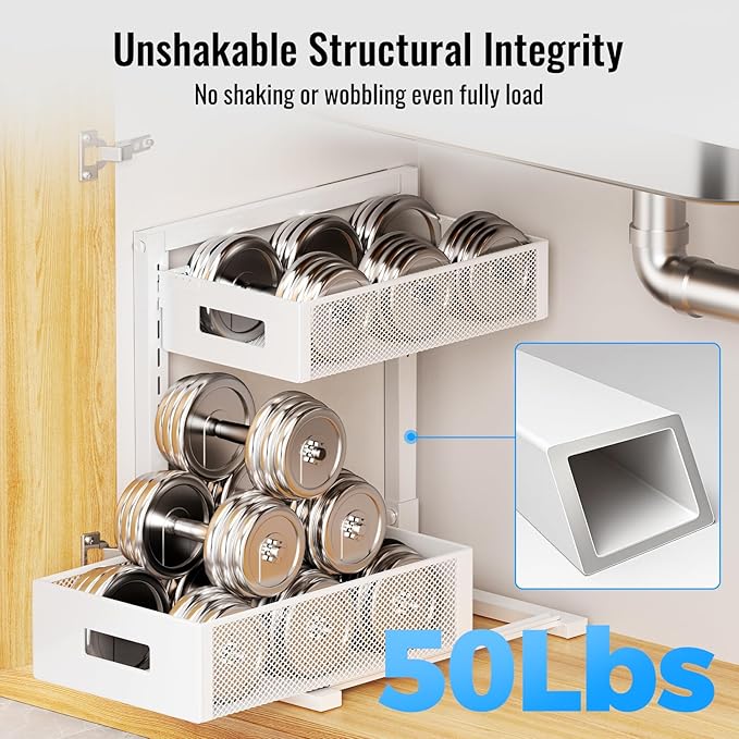 Full Metal Under Sink Organizer, Pull Out Cabinet Organizers and Storage, Silk-Smooth Sliding Drawer for Kitchen, Bathroom, Pantry, Cabinet, Closet (White, 2 Pack)