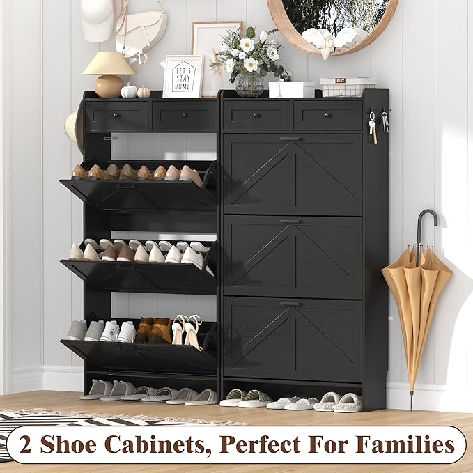 Shoe Cabinet with 3 Flip Drawers & 2 Storage Drawers, Rustic Farmhouse Narrow