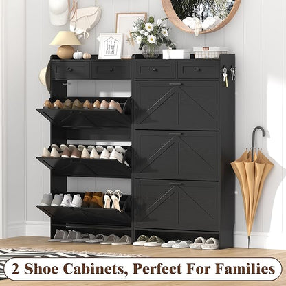 Shoe Cabinet with 3 Flip Drawers & 2 Storage Drawers, Rustic Farmhouse Narrow