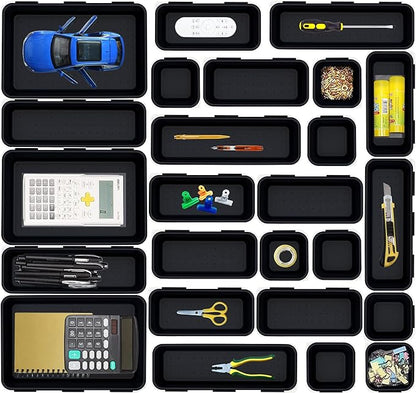 Kutesna 25 PCS Black Drawer Organizer Set, 4 Size Interlocking Plastic Storage