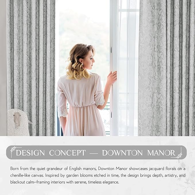 Beauoop Grey Floral Jacquard Blackout Curtains 63 Inches Long 2 Panels