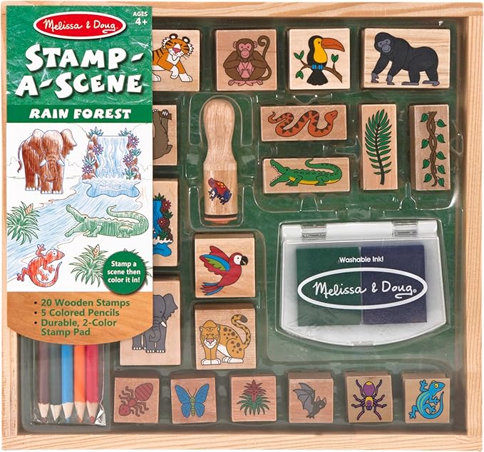 Melissa & Doug Stamp-a-Scene Stamp Set: Rain Forest - 20 Wooden Stamps, 5 Colored Pencils, and 2-Color Stamp Pad
