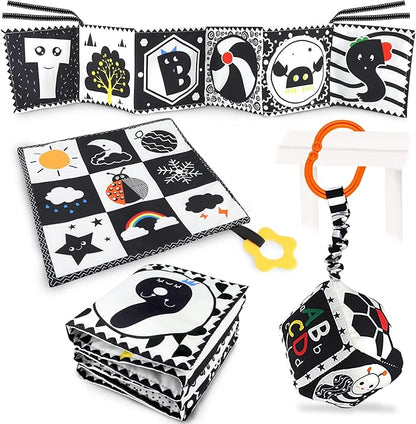 KUANGO 3 PCS Black and White High Contrast Baby Toys Newborn Toys 0-6 Months, Visual Stimulation Sensory Soft Book, Infant Tummy Time Toys 0-3-6 Months Baby Gifts