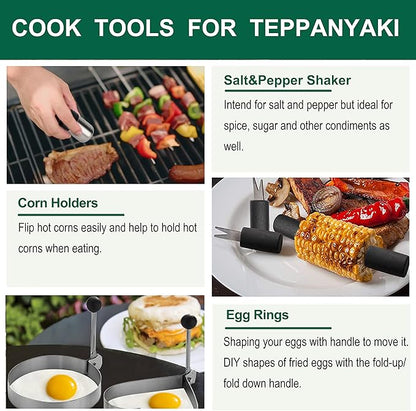 Grilljoy 46PC Griddle Accessories Set with Robust Plastic Handle, All-in-One Griddle Tools Kit for Flat Top Grills Teppanyaki Hibachi, Stainless Steel Grill Spatula Kit for Outdoor Camping Grilling