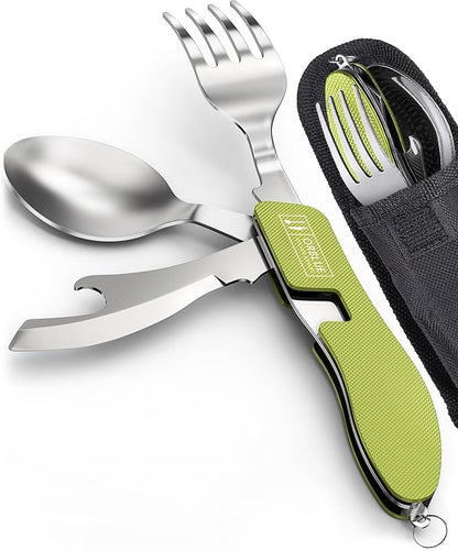 Orblue 4-in-1 Camping Eating Utensils, 2-Pack - Portable Spoon, Fork, Knife & Bottle Opener Combo Set - Stainless Steel Flatware with Detachable Fork - Travel, Backpacking Cutlery Multitool, Green