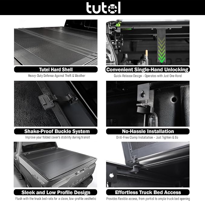 Tutel Low Profile Hard Shell Folding Truck Bed Tonneau Cover|Fits 2016-2023 Toyota Tacoma 6'2" Bed (73.7") - TTLTMLPT022