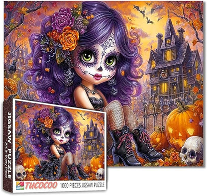Halloween Gothic Girl Puzzle for Adults 1000 Piece Purple Hair Sugar Skull Day of The Dead Jigsaw Puzzle Spooky Haunted House Puzzle Fall Aesthetic Decorative Puzzles Gift for Women Family Fun Game