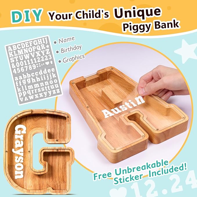 SummiDate Wooden Letter Piggy Bank| Piggy Bank for Boys Girls Toddler| Alphabet G Money Bank| Coin Bank Birthday Gift for Kids|Birthday Gift for Kids (G)