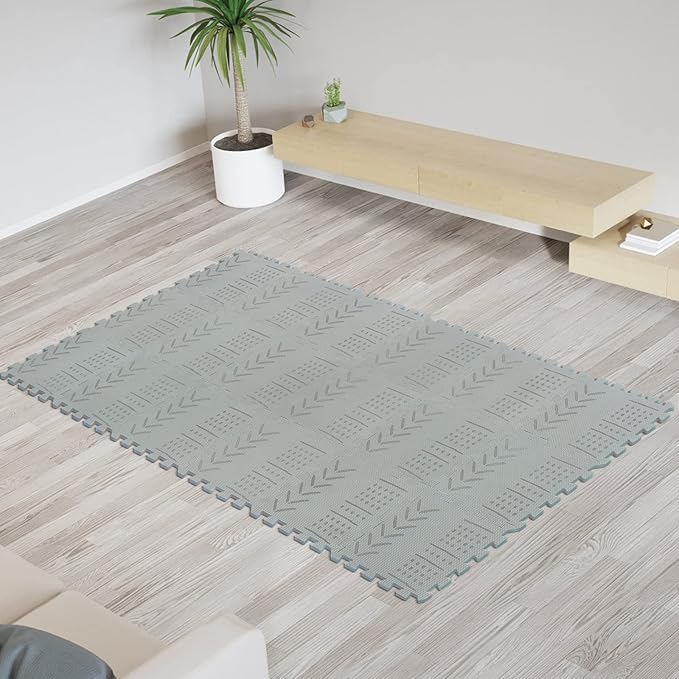 qqpp EVA 18 Tiles Baby Play Mat for Playing, Interlocking Foam Floor Mats for Tummy Time & Crawling, Puzzle Flooring Tiles with Laser Pattern for Kids. Gray. QL-91(L) b18N