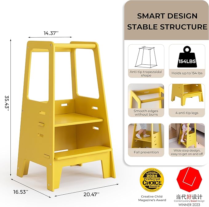 AVDAR Toddler Standing Tower Wooden Toddler Stool for Kitchen Adjustable, Winner 2023 of Contemporary Good Design, Montessori Kitchen Tools
