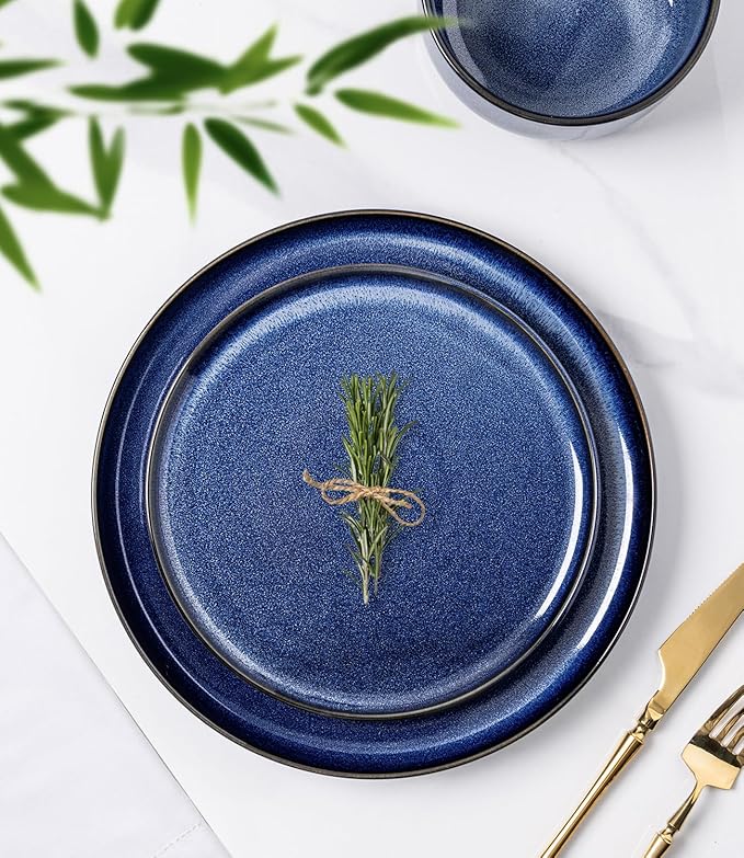 TheTerra Ceramic Dinnerware Sets for 4, 12 Pieces Handmade Reactive Glaze Plates and Bowls Set, Scratch Resistant Dish Set, Oven & Microwave & Dishwasher Safe, Blue