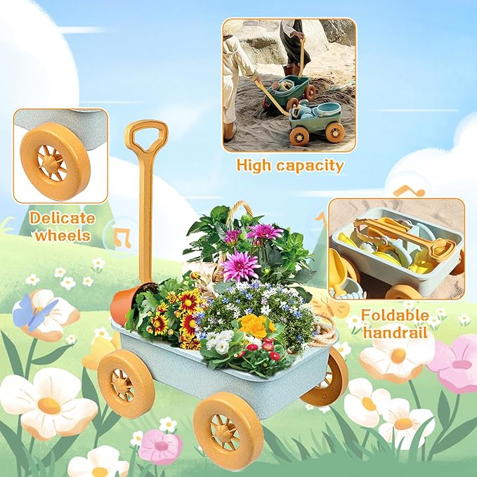 Mostop Kids Gardening Tools Set, Gardening Set for Kids, Outdoor Backyard Farm Digging Toys with Wheelbarrow, Metal Shovel, Rake, Leaf Rake, Outside Garden Wagon Toys Birthday Gifts for Boys Girls 4-8