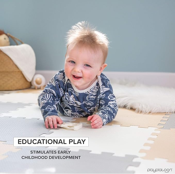 Play Platoon Non-Toxic Foam Puzzle Floor Mat, Comfortable, Extra Thick, Cushiony Exercise and Play Mat for Toddlers, Kids & Adults, 36 Tiles (12"x12"), Warm Grey/Cream/Sand