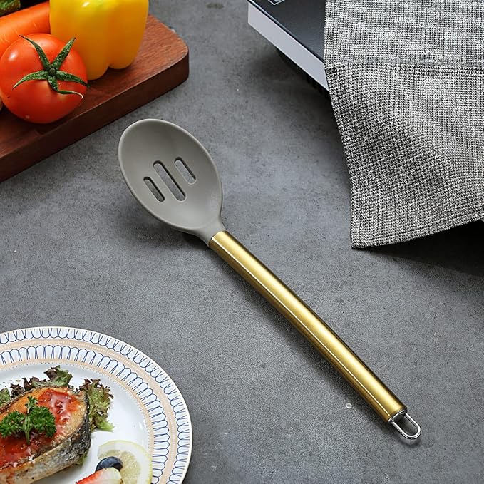 Berglander Non-stick Silicone Slotted Spoon, Titanium Gold Plated Handle