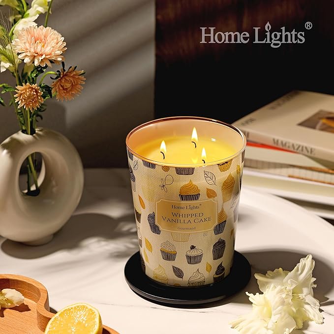 HomeLights Soy Wax Candles for Home Scented, 3-Wick Candles in Whipped Vanilla Cake Scented, Rustic Modern Aromatherapy Candles Gift for Parties, Relaxing, 34oz